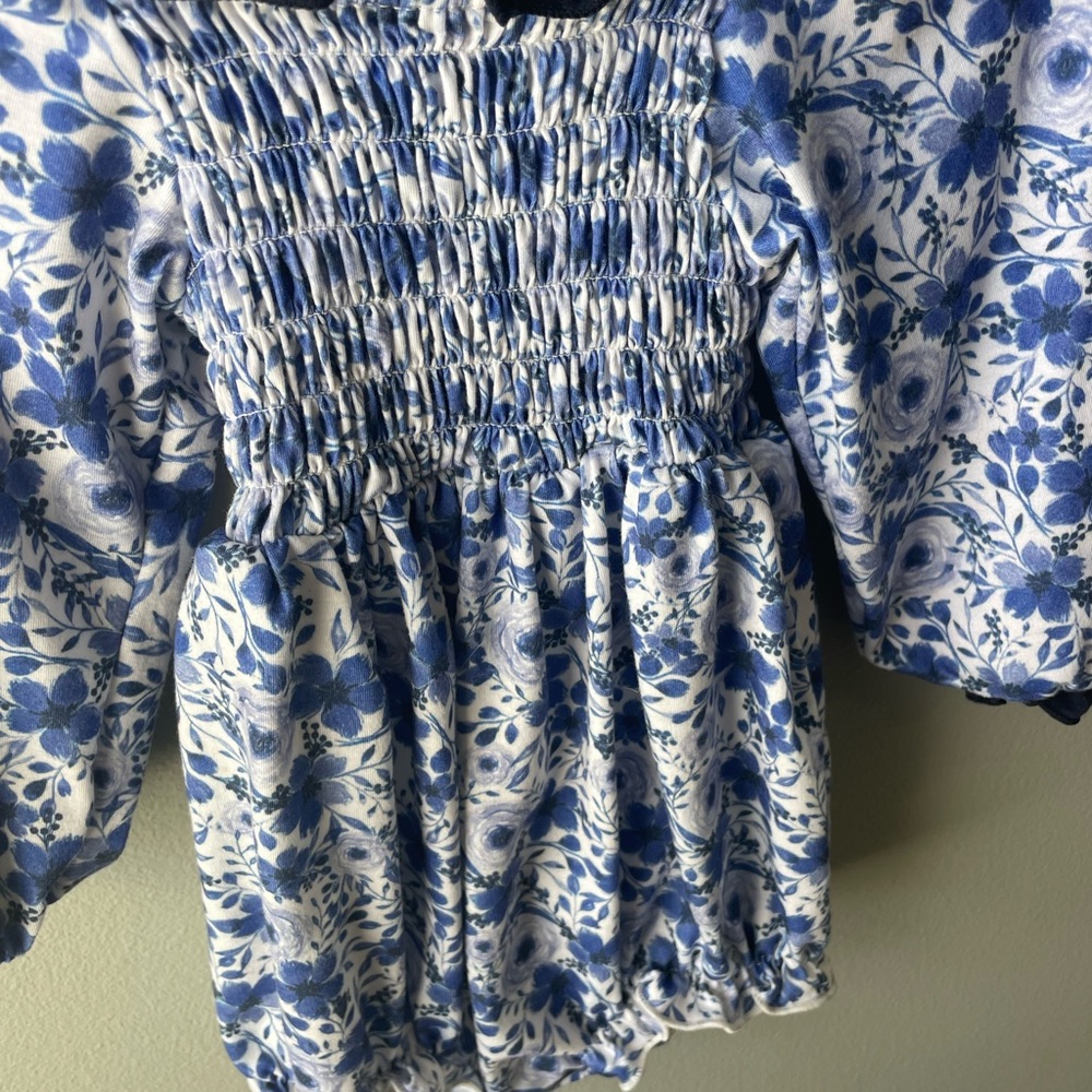 Thomas & Turner Blue and White Floral Long Sleeve Smocked Bubble Romper - Picture 2 of 4